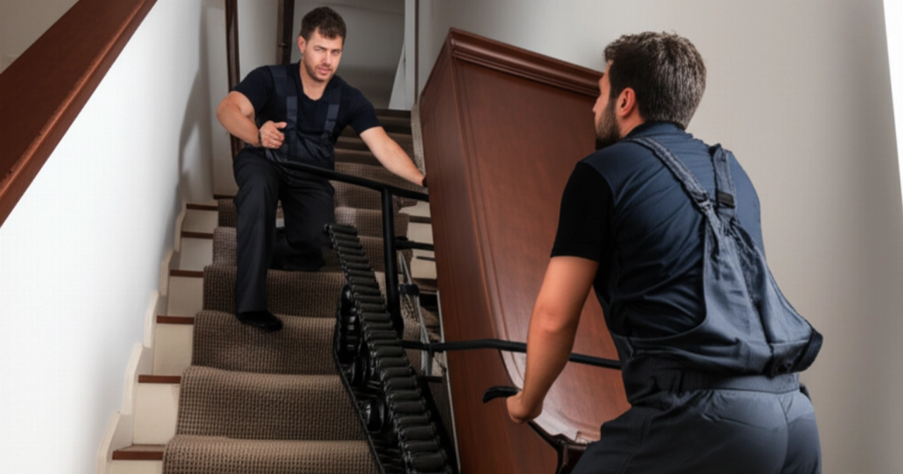 Dos mudanceros caucásicos experimentados bajan cuidadosamente un piano vertical por una escalera, utilizando un carro oruga especializado para el transporte de pianos.