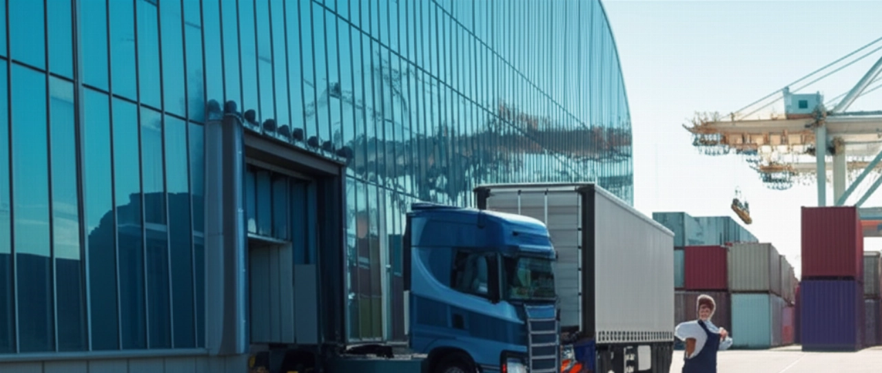Camión moderno en un puerto europeo, con contenedores y un trabajador caucásico, que simboliza el comercio global.