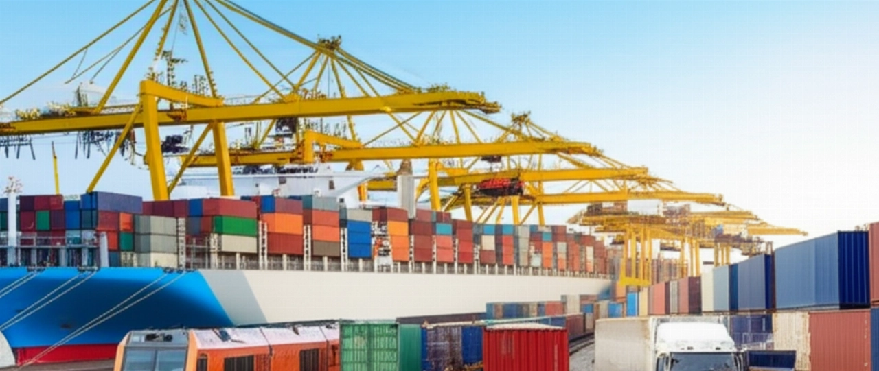 Escena de transporte intermodal con portacontenedores, tren de carga y camión en un puerto moderno, que representa la complejidad de la logística global.