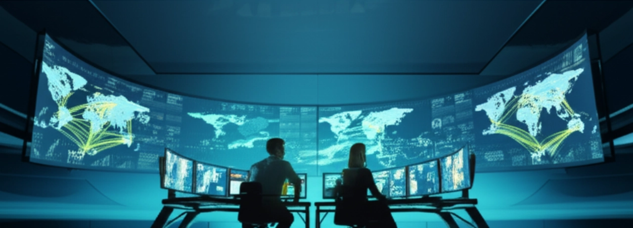 Interior de un centro de control logístico futurista con profesionales caucásicos monitoreando rutas de envío globales en pantallas, simbolizando la gestión inteligente del transporte.
