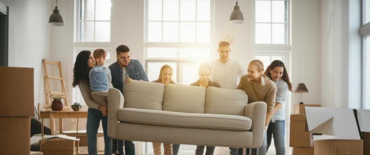 Un grupo de amigos o familiares caucásicos sonrientes que colaboran con energía para transportar un sofá a una nueva y espaciosa sala de estar inundada de luz.