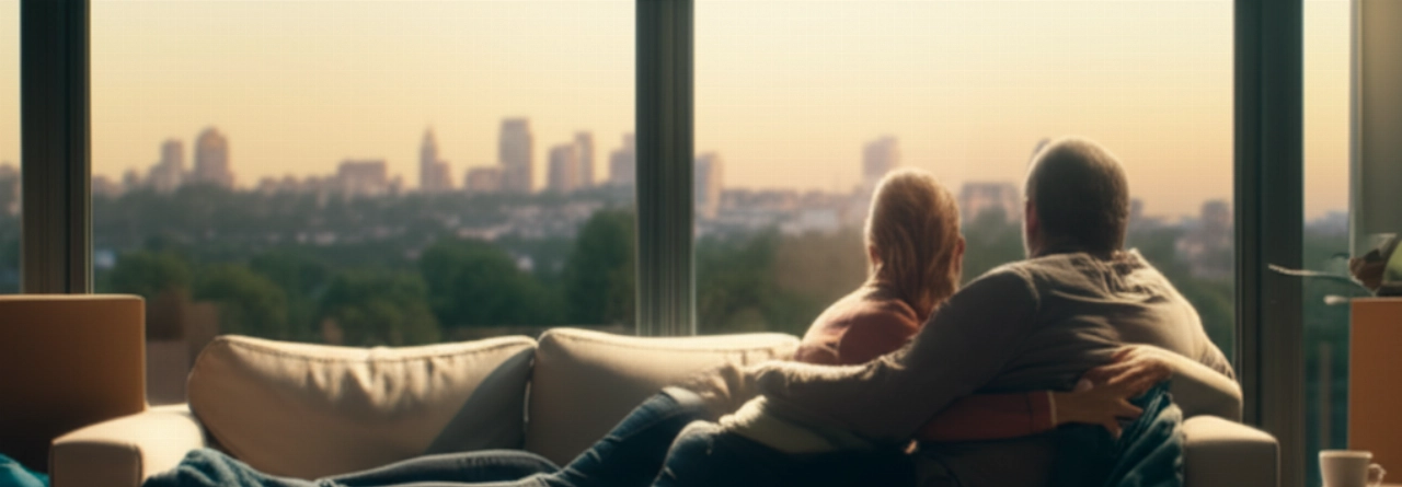 Una persona caucásica (o pareja) relajada en un sofá parcialmente desempacado en su nuevo hogar, disfrutando de la vista desde la ventana al atardecer, con una sensación de calma y realización.