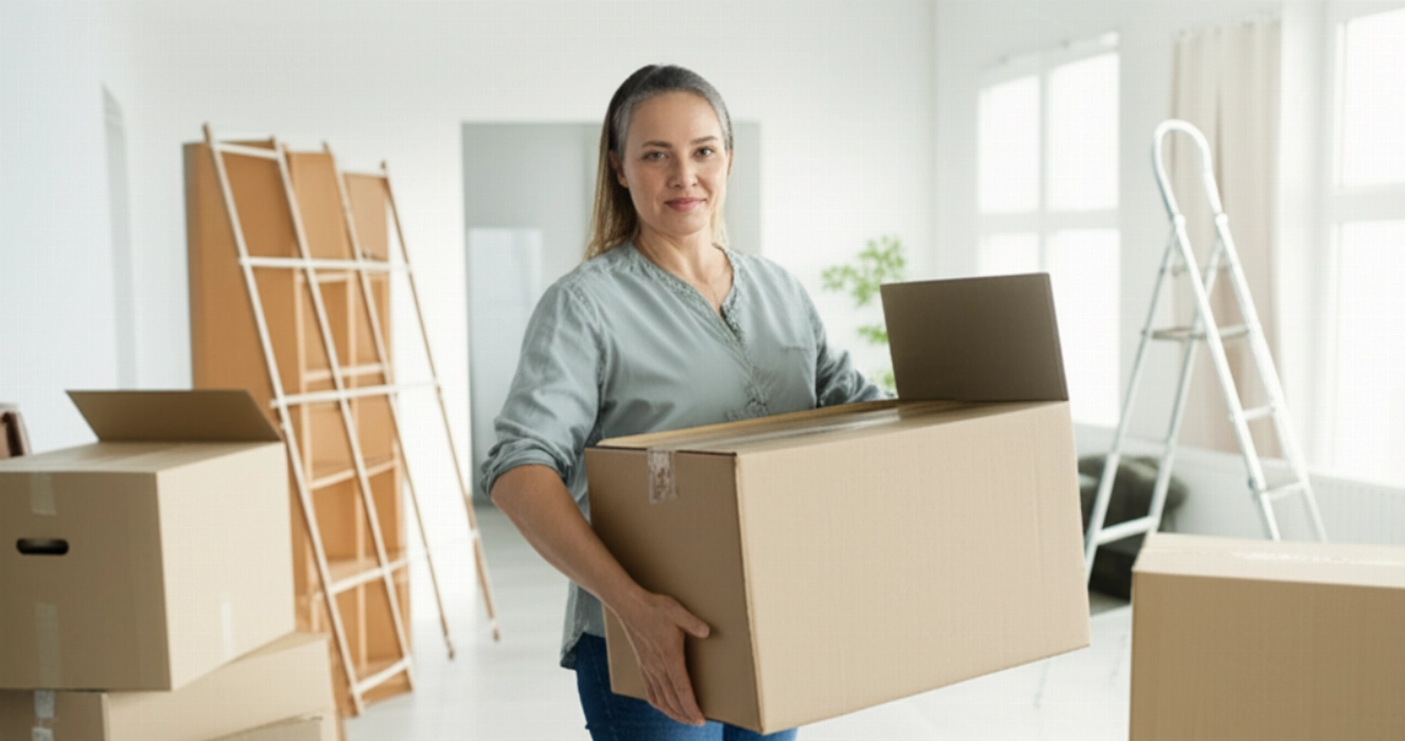 Mujer caucásica tranquila y organizada en una habitación con cajas de mudanza, que representa un proceso de mudanza eficiente y bien planificado.
