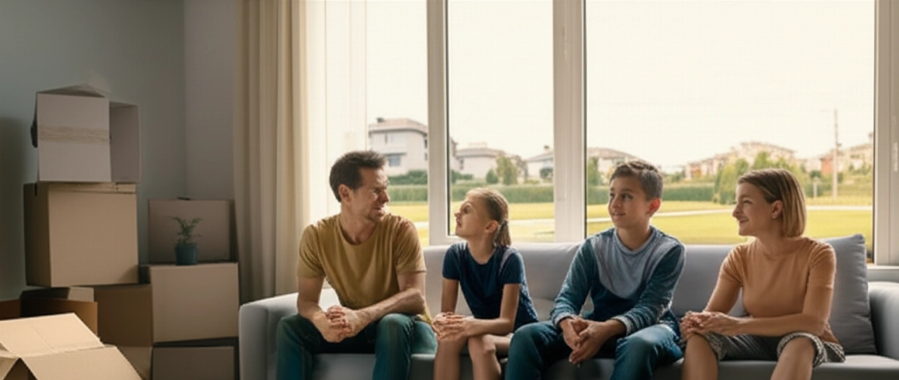 Familia caucásica relajada y feliz en un nuevo hogar, que simboliza la tranquilidad después de una mudanza bien gestionada.