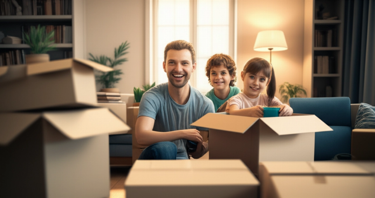 Familia caucásica feliz en una nueva sala de estar parcialmente desempacada con cajas de mudanza.