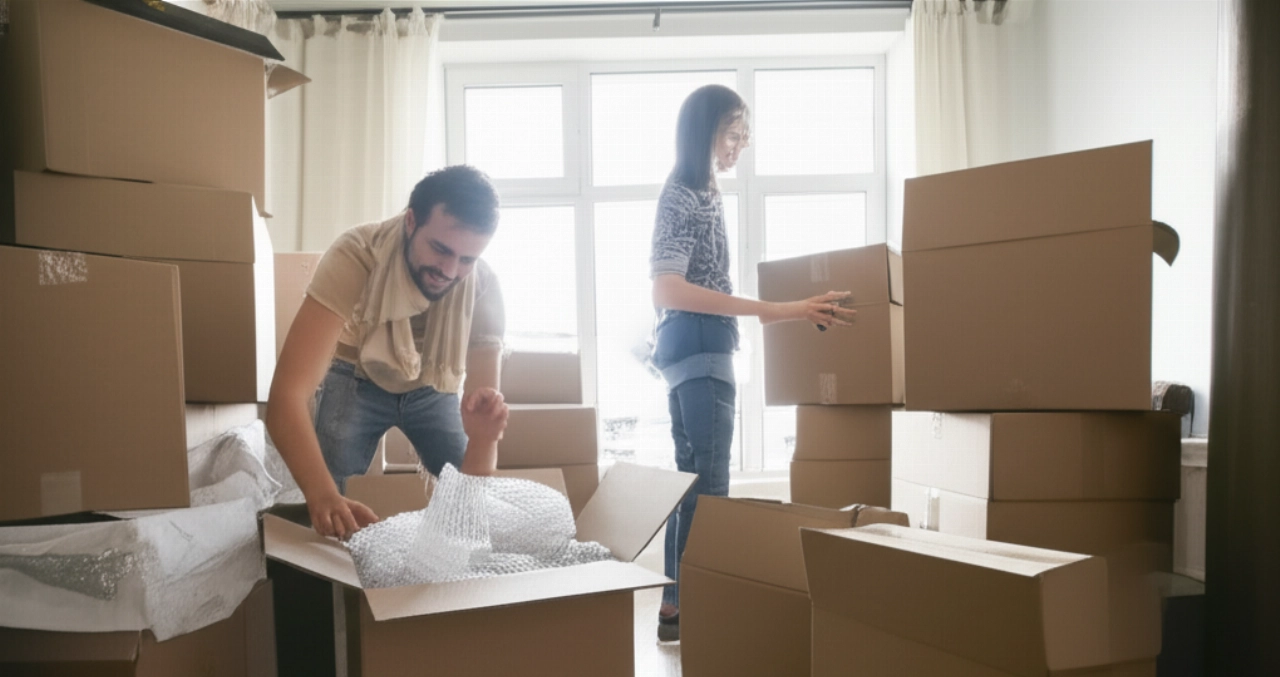 Una pareja caucásica sonriente empacando o desempacando cajas de mudanza en un apartamento espacioso y vacío.