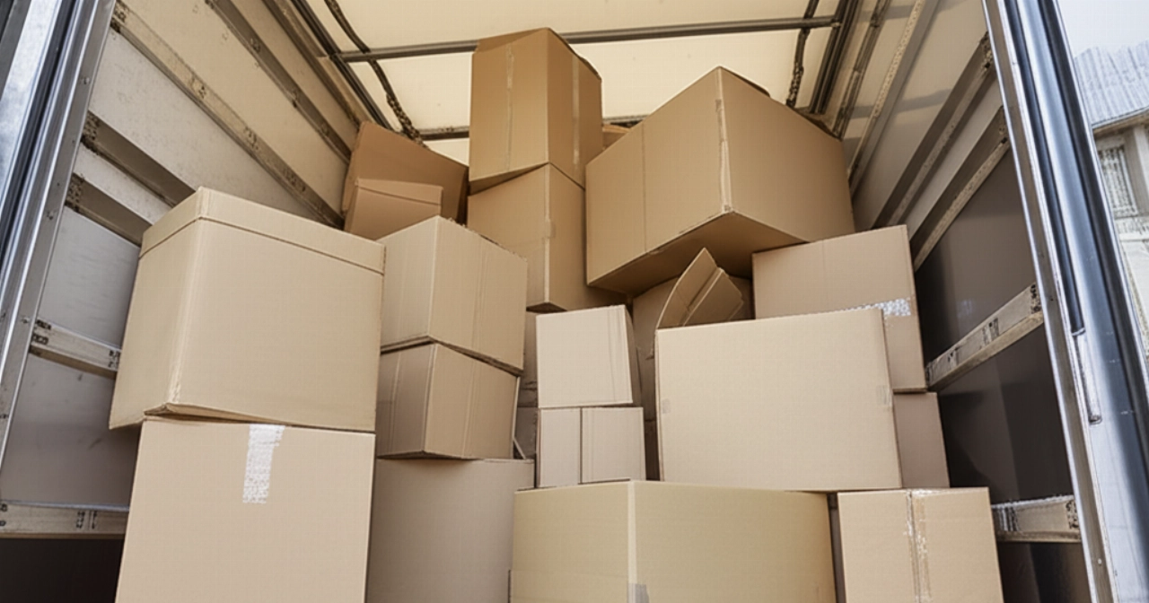 Una gran pila de cajas de mudanza de cartón dentro de un camión o un pasillo ancho, listas para el transporte.
