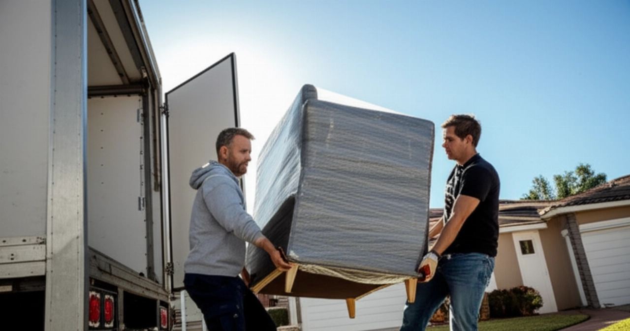 Dos hombres caucásicos transportando un mueble grande hacia un camión de mudanza.