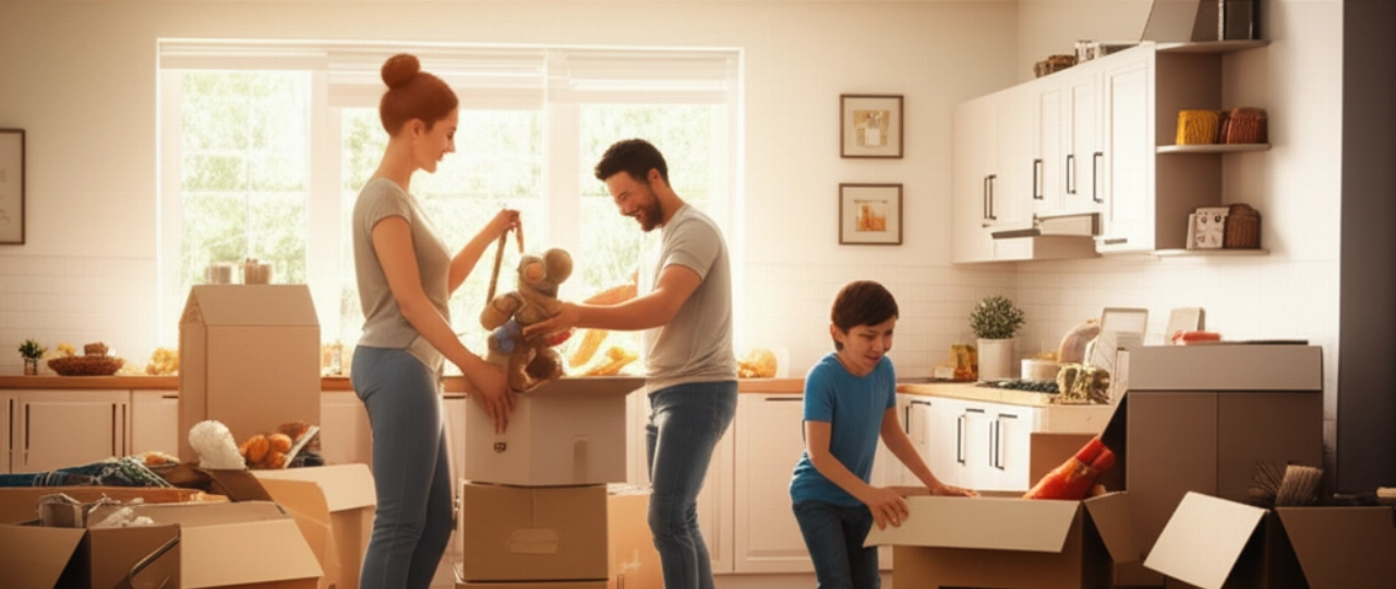 Familia caucásica desempacando felizmente cajas en su nueva sala de estar luminosa.