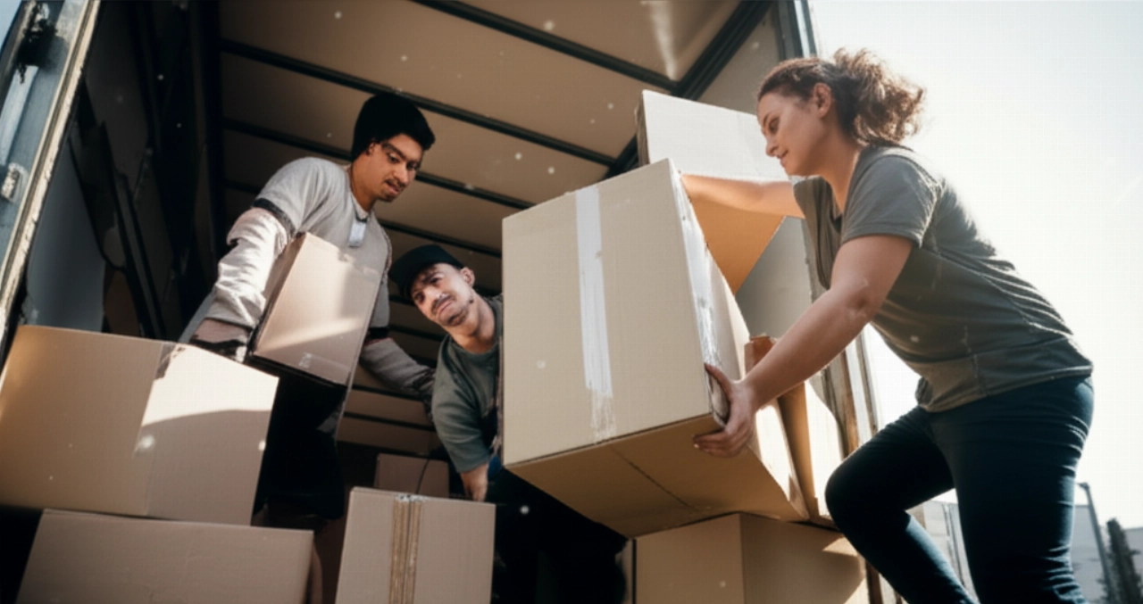 Tres adultos caucásicos cargan eficientemente cajas etiquetadas y muebles desmontados en un camión, demostrando una mudanza organizada y cuidadosa.