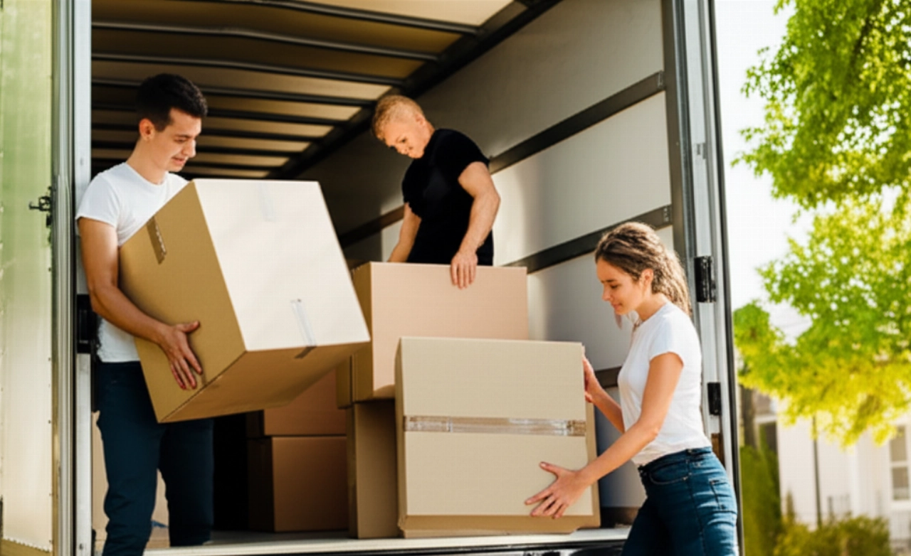 Dos personas caucásicas cargan eficientemente cajas en un camión de mudanzas, representando el trabajo duro y la colaboración.