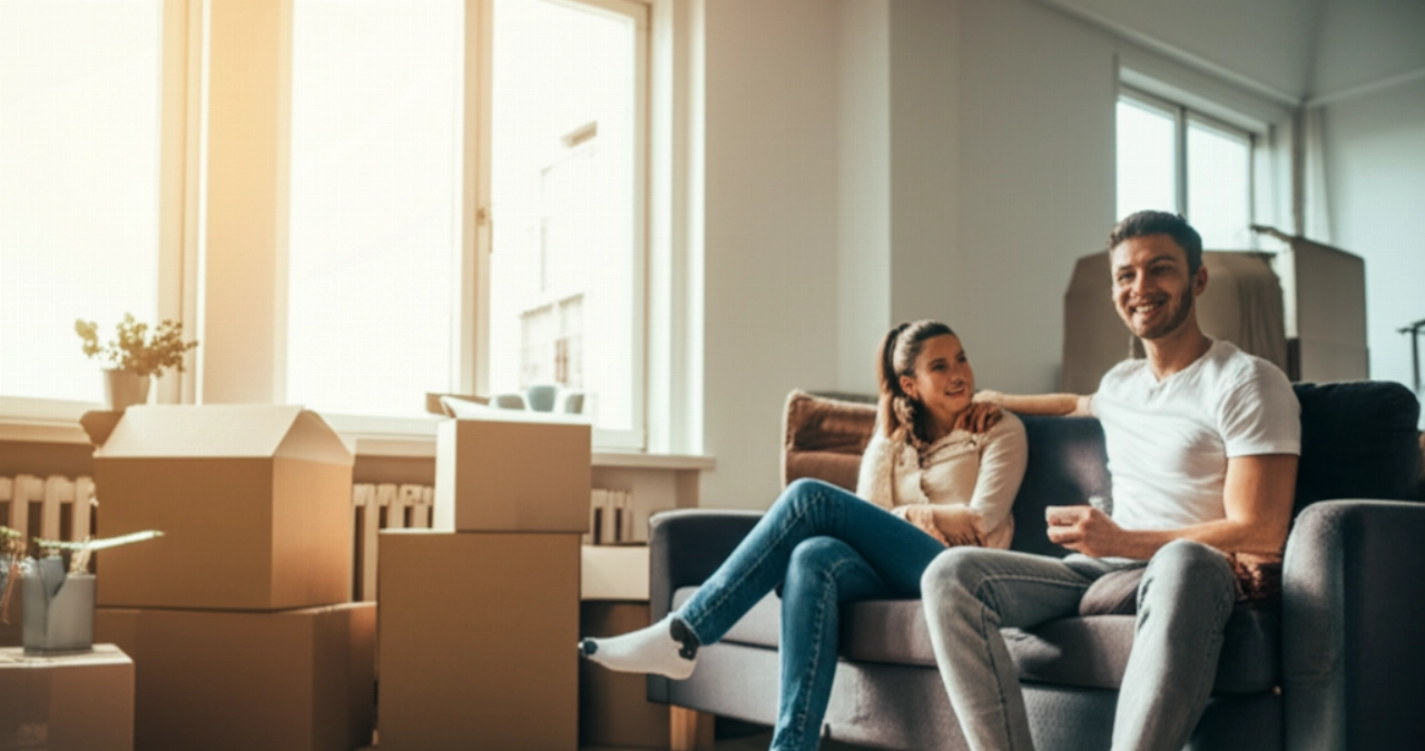 Una pareja caucásica se relaja en un sofá en su nueva sala de estar, rodeada de cajas pero con una sensación de paz y satisfacción después de la mudanza.