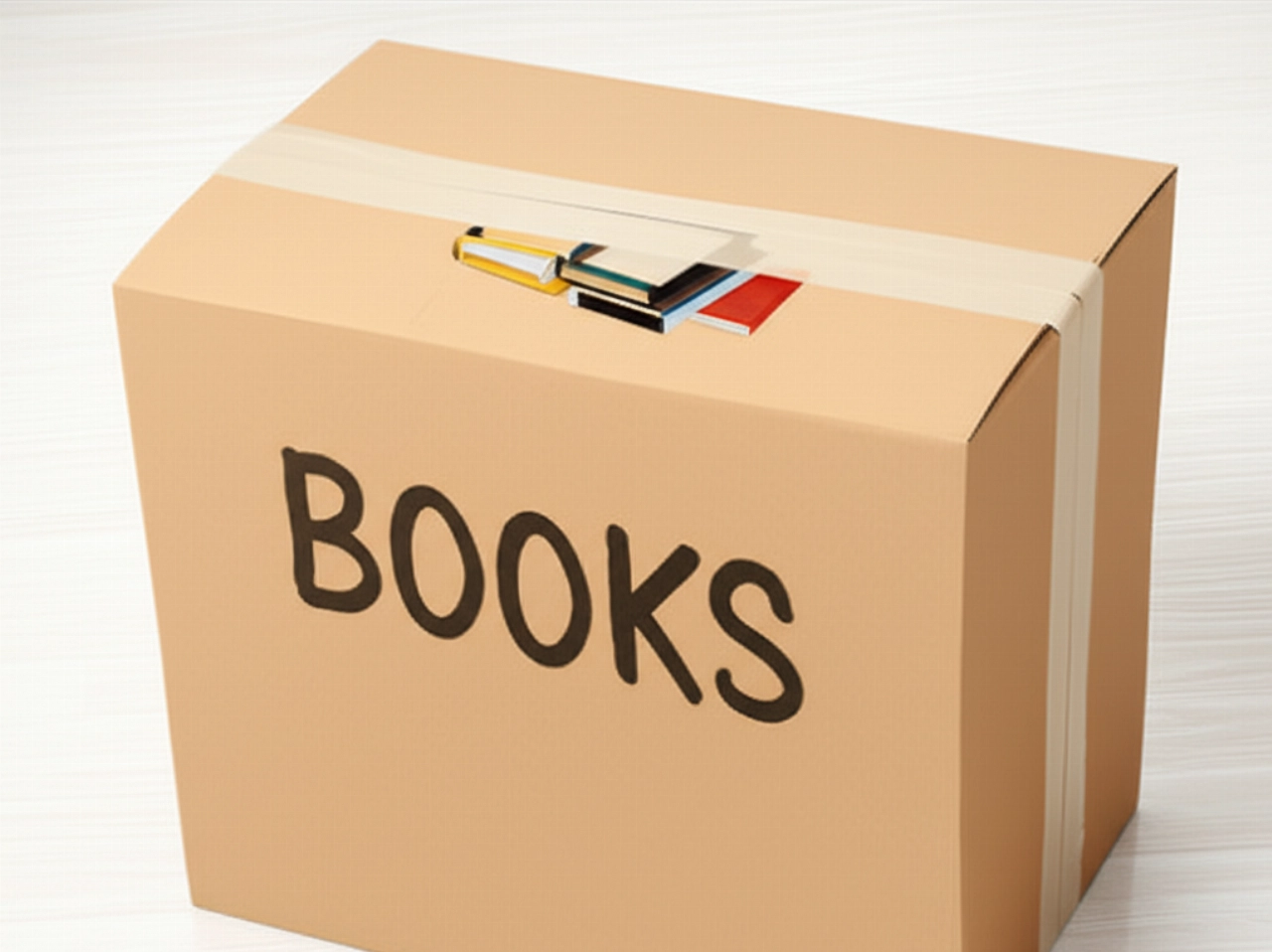 Una robusta caja de cartón marrón, perfectamente sellada y etiquetada 'LIBROS', llena de volúmenes, lista para el transporte.