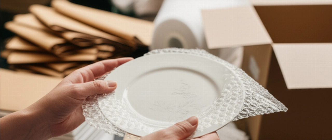 Primer plano hiperrealista de manos caucásicas envolviendo un plato con plástico de burbujas.