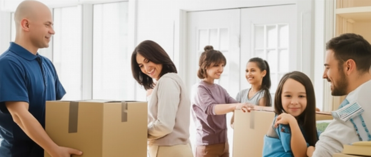 Una familia caucásica feliz y relajada en su nuevo apartamento organizado, con un mudancero profesional terminando el trabajo, simbolizando una mudanza sin estrés.