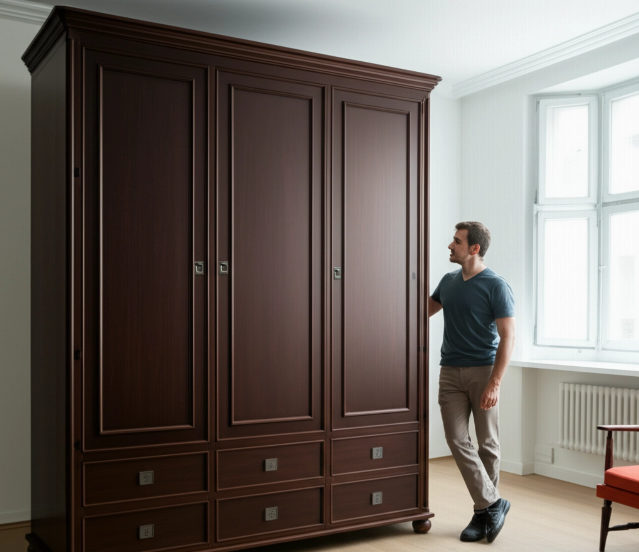 Un gran armario de madera se coloca con éxito en su nueva ubicación, con un hombre caucásico satisfecho al lado.