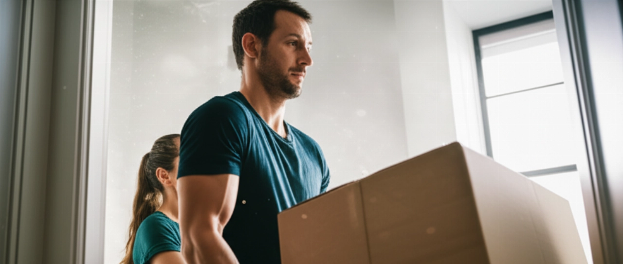 Dos personas caucásicas colaboran para mover una caja grande y pesada a través de una puerta.