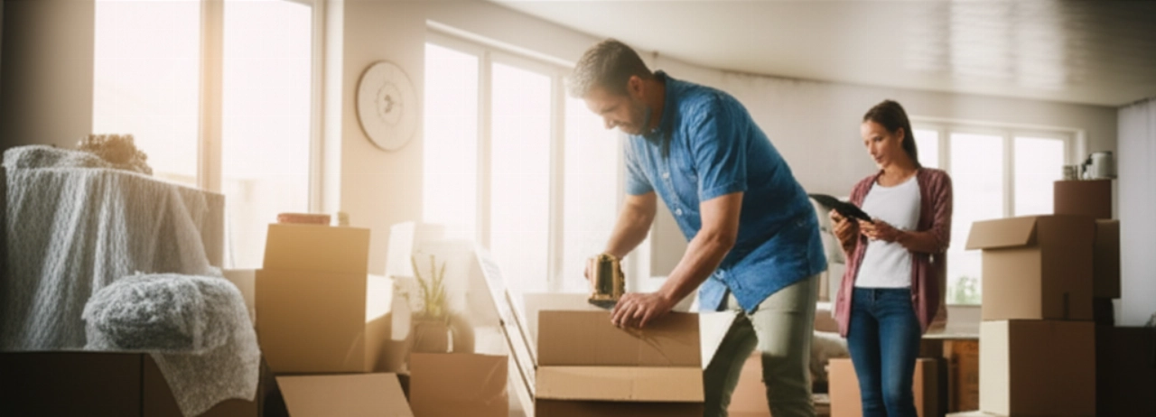 Pareja caucásica en un salón moderno lleno de cajas de mudanza, ocupados en organizar la mudanza.