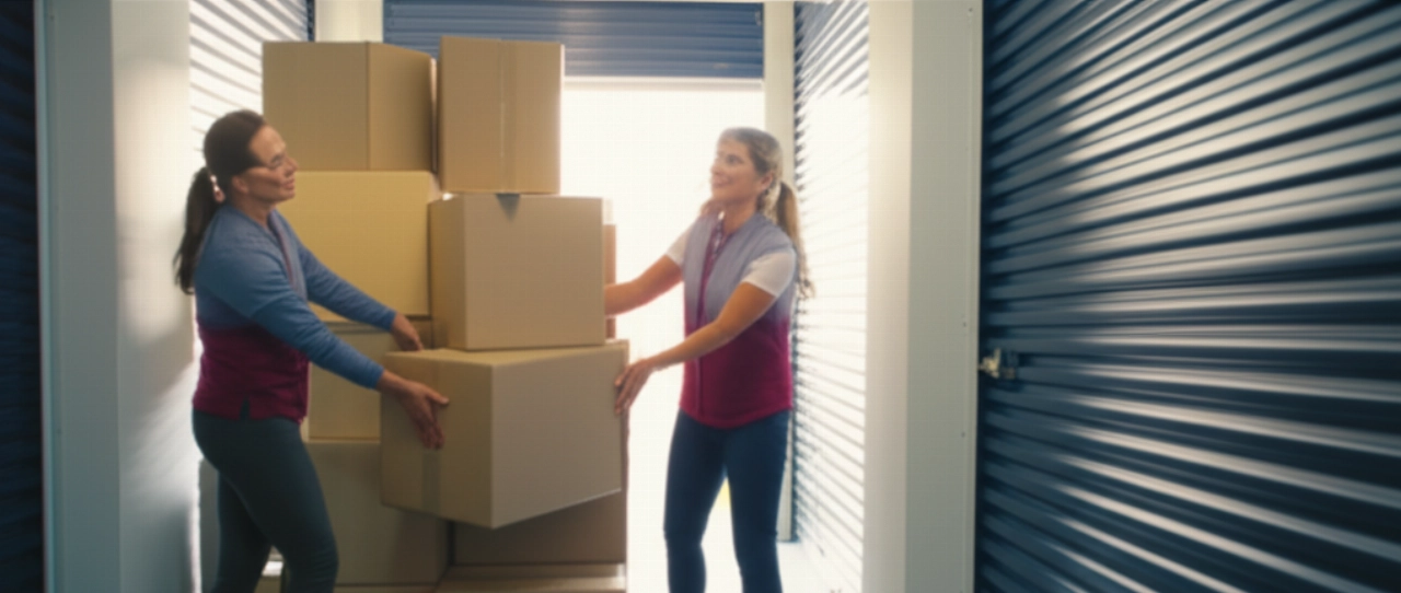 Pareja caucásica sonriente y satisfecha organizando las últimas cajas en un depósito de muebles limpio y espacioso.