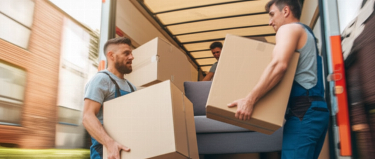 Dos mudanceros profesionales caucásicos cargan eficientemente cajas y un sofá en un camión, ilustrando el servicio y el esfuerzo físico.