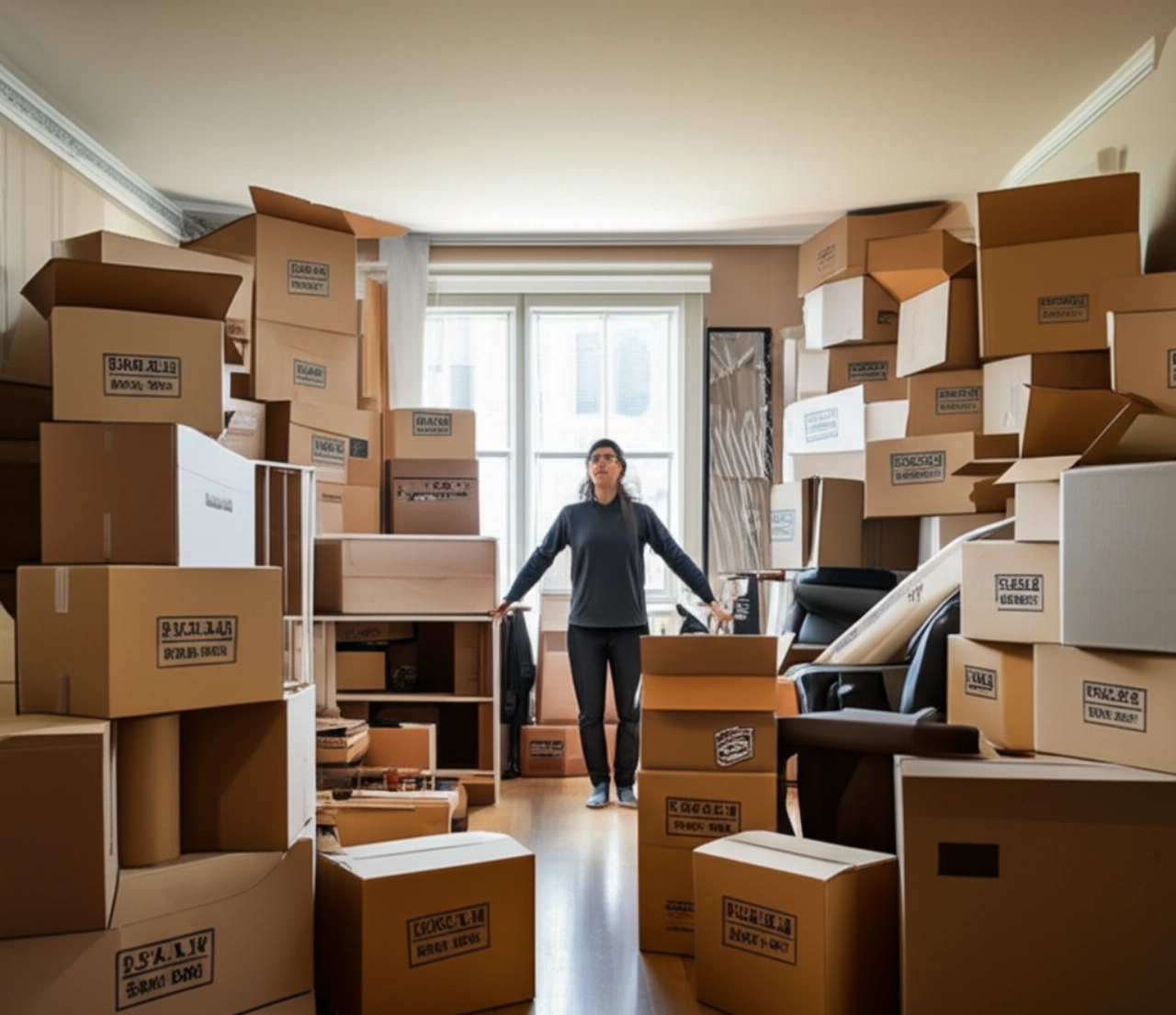 Una sala de estar desordenada y llena de cajas de mudanza y muebles, con una persona caucásica observando la cantidad de objetos a mover.