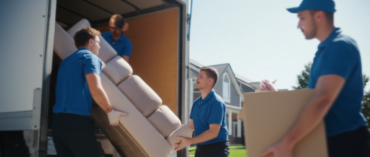 Equipo de mudanceros caucásicos profesionales carga muebles en un camión en un día soleado.