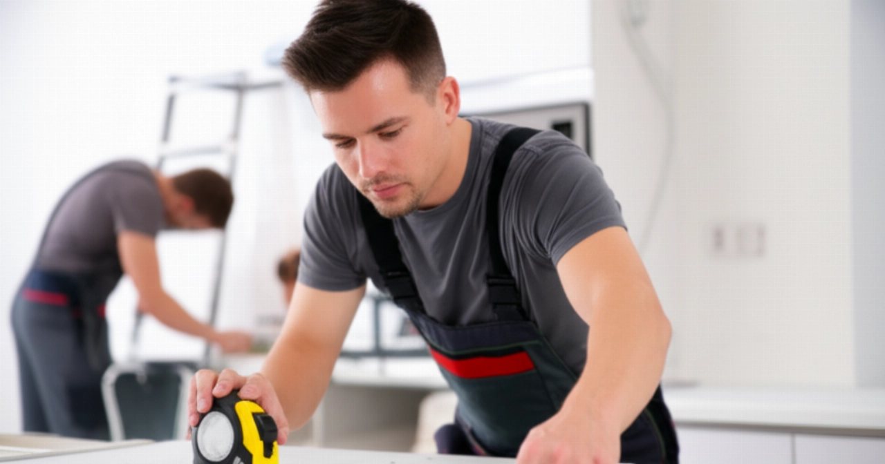 Técnicos caucásicos ensamblan con precisión una cocina, con un trabajador midiendo una encimera y otro conectando un electrodoméstico.