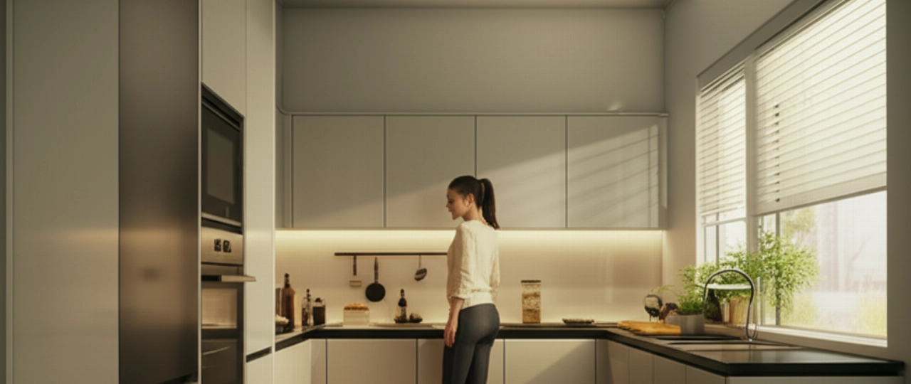 Una mujer caucásica sonriente admira su cocina moderna recién montada, que parece limpia, funcional y acogedora.