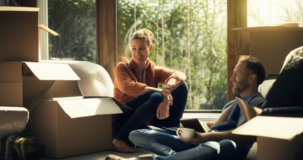 Pareja caucásica relajada y feliz en su nueva sala de estar parcialmente desempacada, después de una mudanza exitosa.