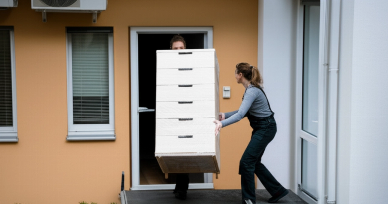 Mudancera caucásica descargando con precisión un mueble grande de una plataforma de mudanza externa en un apartamento.