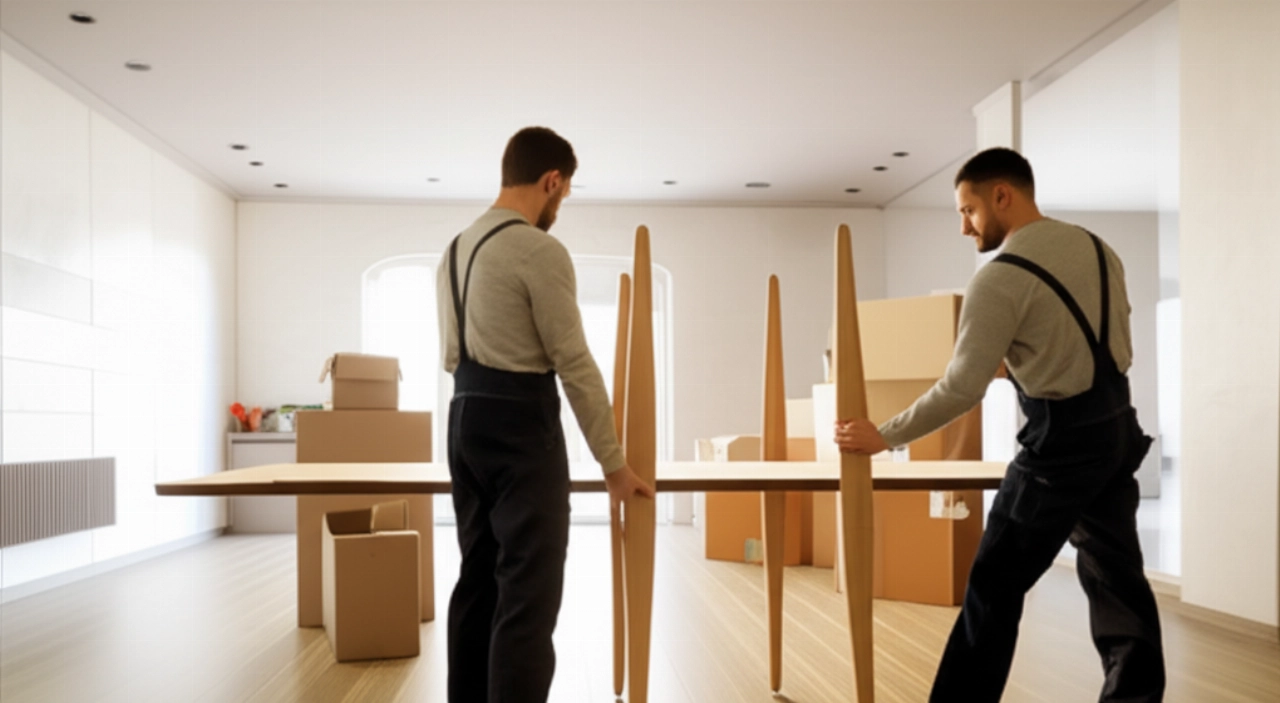 Dos mudanceros caucásicos profesionales ensamblan una gran mesa de comedor en una habitación luminosa y vacía.