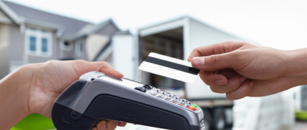 Manos caucásicas realizando un pago con tarjeta de crédito en un terminal portátil, con un camión de mudanzas al fondo, simbolizando los costos de la mudanza.