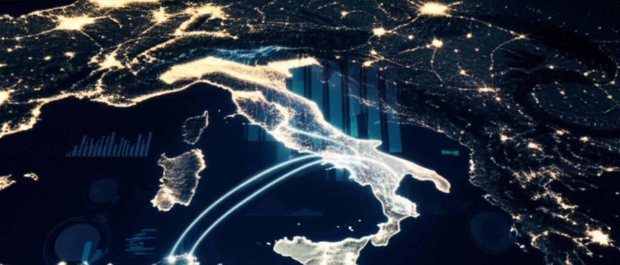 Mapa estilizado de Italia con una ruta de mudanza interregional iluminada y gráficos financieros superpuestos que simbolizan los costos y la distancia.