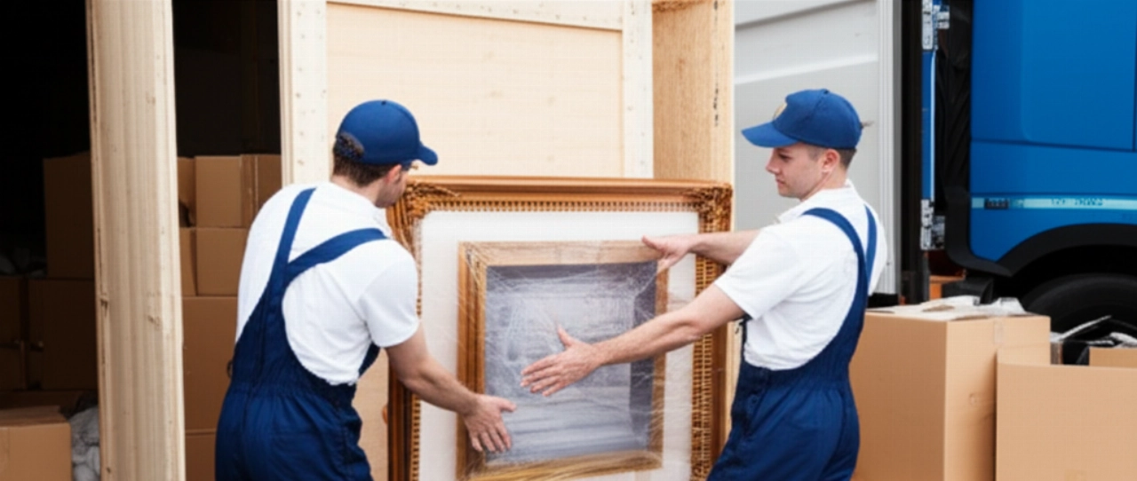 Mudanceros caucásicos profesionales empacando cuidadosamente artículos para un envío internacional, con cajas y un contenedor de fondo.
