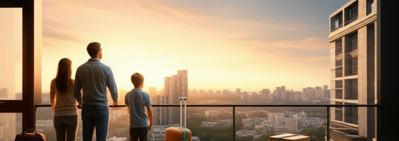 Familia caucásica en un balcón, mirando el horizonte de una nueva ciudad extranjera al atardecer, después de una mudanza internacional.