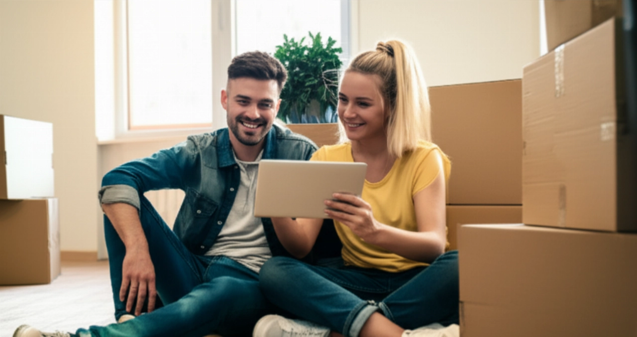 Pareja feliz en su nuevo hogar, aliviada después de una mudanza de muebles exitosa y económica.
