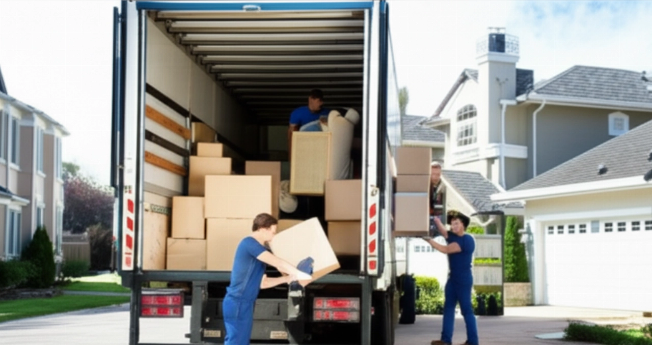 Trasladistas profesionales cargando eficientemente muebles y cajas en un gran camión de mudanzas, mostrando un servicio de mudanza completo.