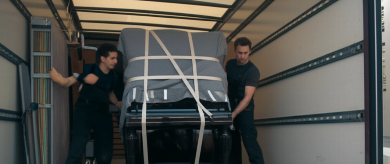 Piano vertical envuelto en mantas protectoras mientras es cargado en un camión de mudanzas profesional, mostrando la preparación para un transporte seguro.