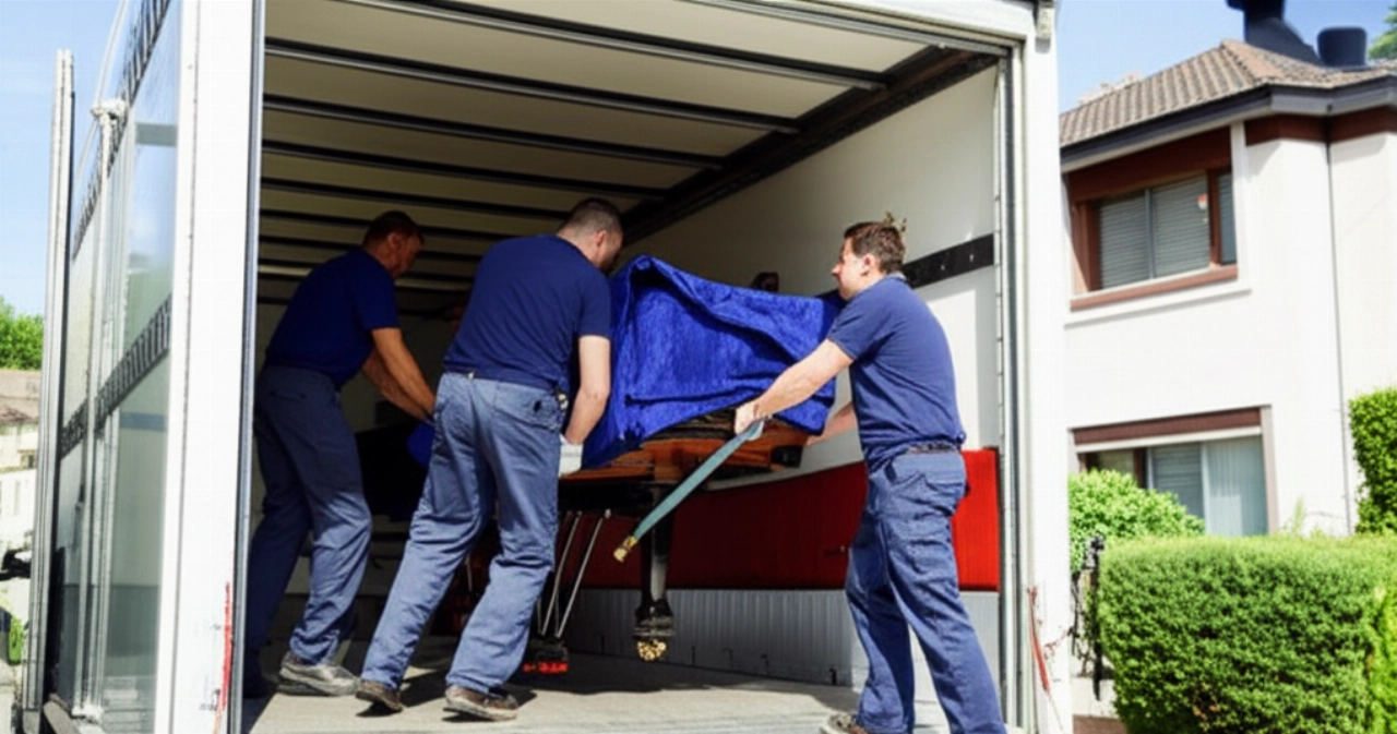 Dos mudanceros profesionales caucásicos cargan con atención un piano de cola en un camión especializado a través de una rampa.