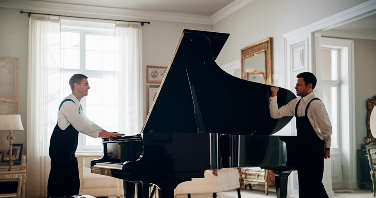 Un piano de cola negro brillante perfectamente posicionado en un elegante salón, con un mudancero profesional caucásico que admira su colocación.