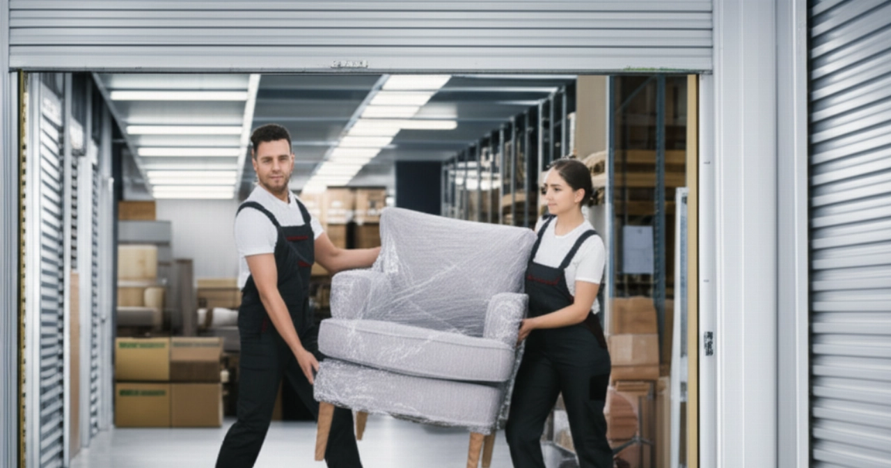 Dos mudanceros caucásicos profesionales cargan con cuidado un sillón en un depósito de muebles espacioso y luminoso.
