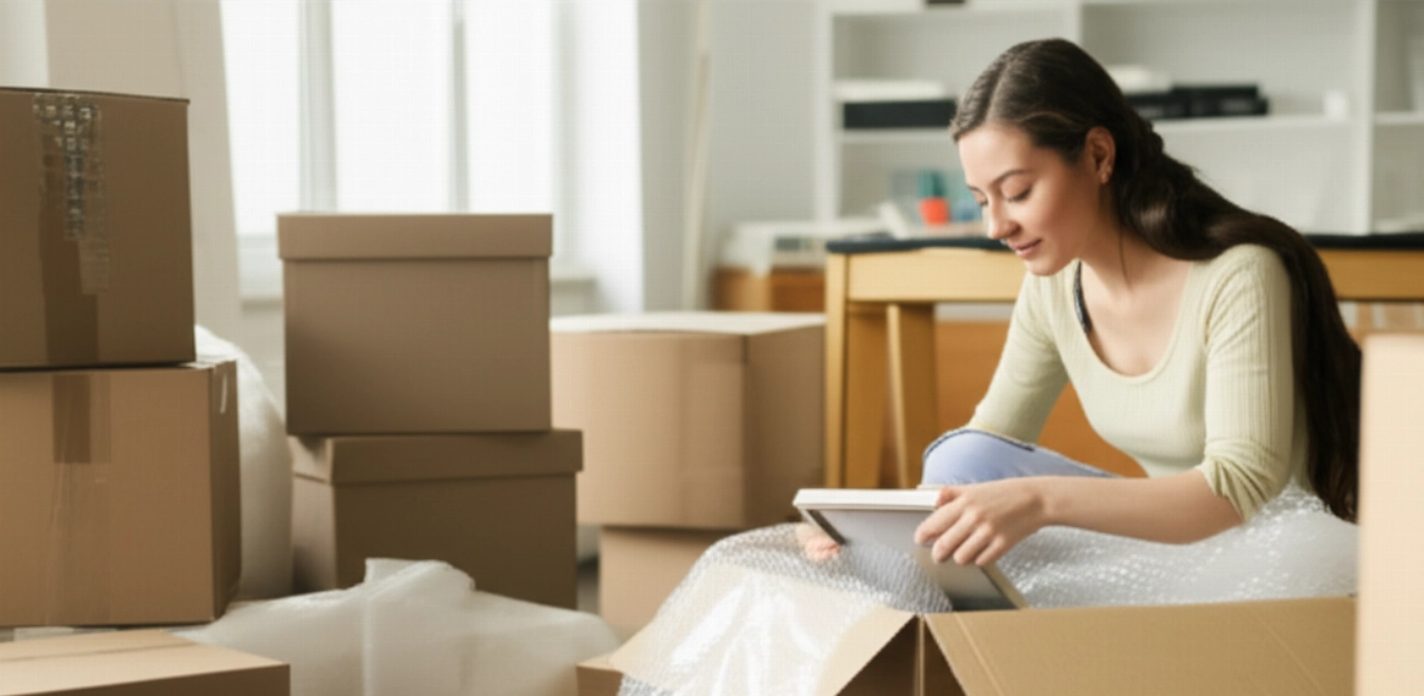 Una mujer caucásica desempacando con cuidado una caja en una sala de estar moderna llena de cajas ordenadas, con luz natural suave.