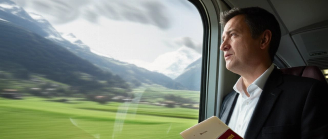 Hombre caucásico en un tren con documentos de viaje, observando cómo el paisaje cambia de los Alpes suizos a la campiña italiana.