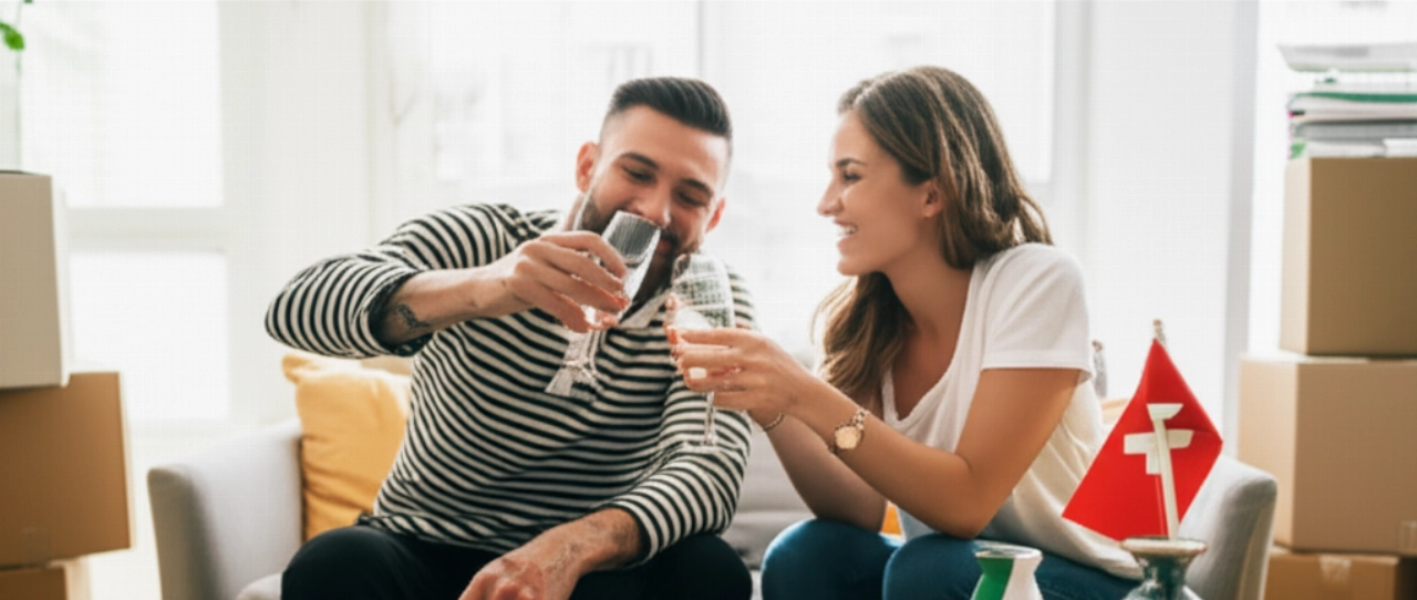 Pareja caucásica celebra la finalización de su mudanza Suiza-Italia en una nueva casa, con documentos organizados sobre la mesa.