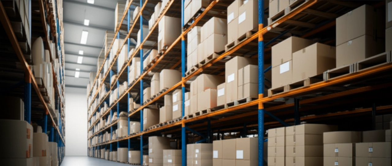 Un amplio pasillo de almacén con pilas ordenadas de cajas de cartón de varios tamaños en estanterías industriales.