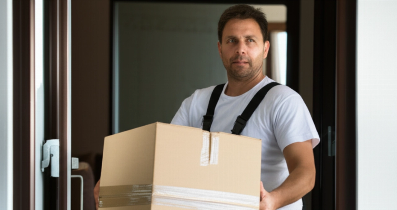 Mudancero profesional caucásico transportando cuidadosamente una caja a una casa.