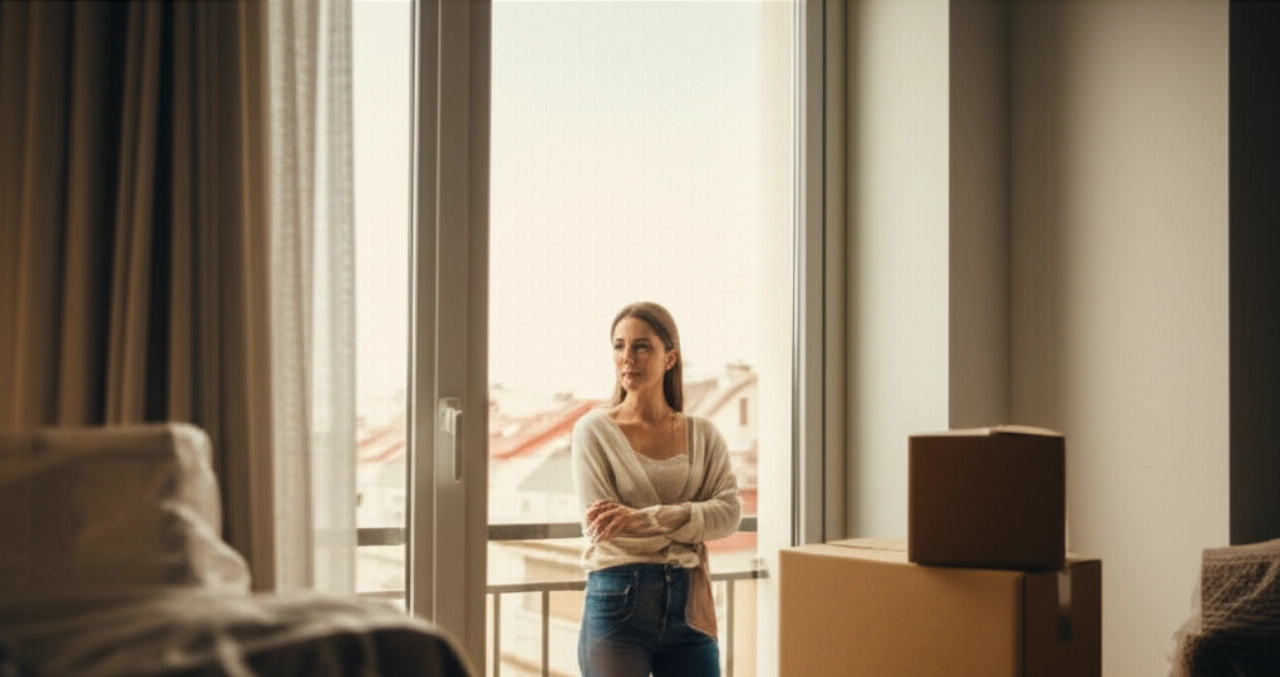Mujer caucásica serena mirando por la ventana en su nuevo hogar después de una mudanza.