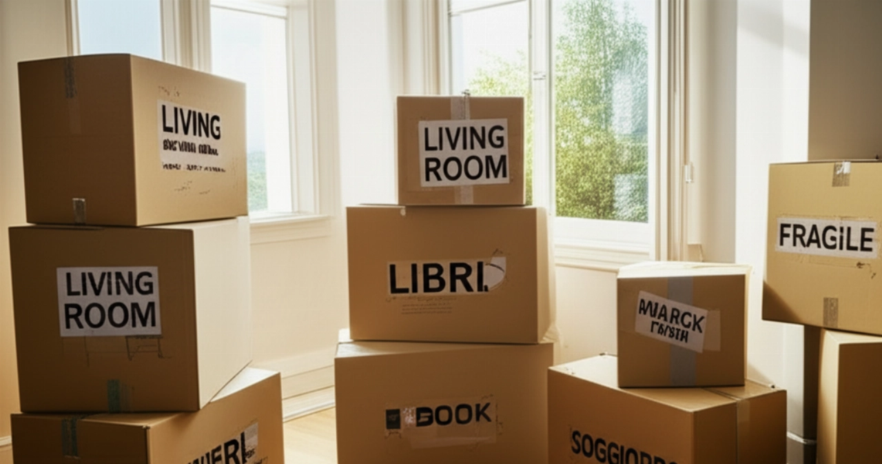 Pilas ordenadas de cajas de mudanza etiquetadas en una luminosa sala de estar moderna, iluminadas por la luz natural.
