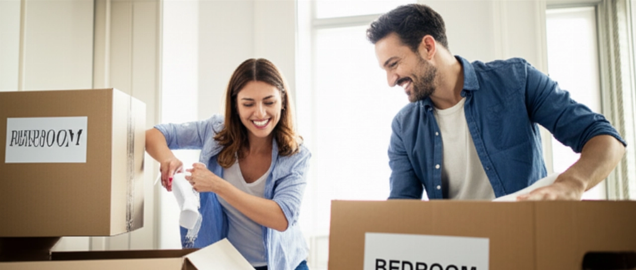 Feliz pareja caucásica desempacando fácilmente artículos de cajas de mudanza claramente etiquetadas en un nuevo hogar soleado.