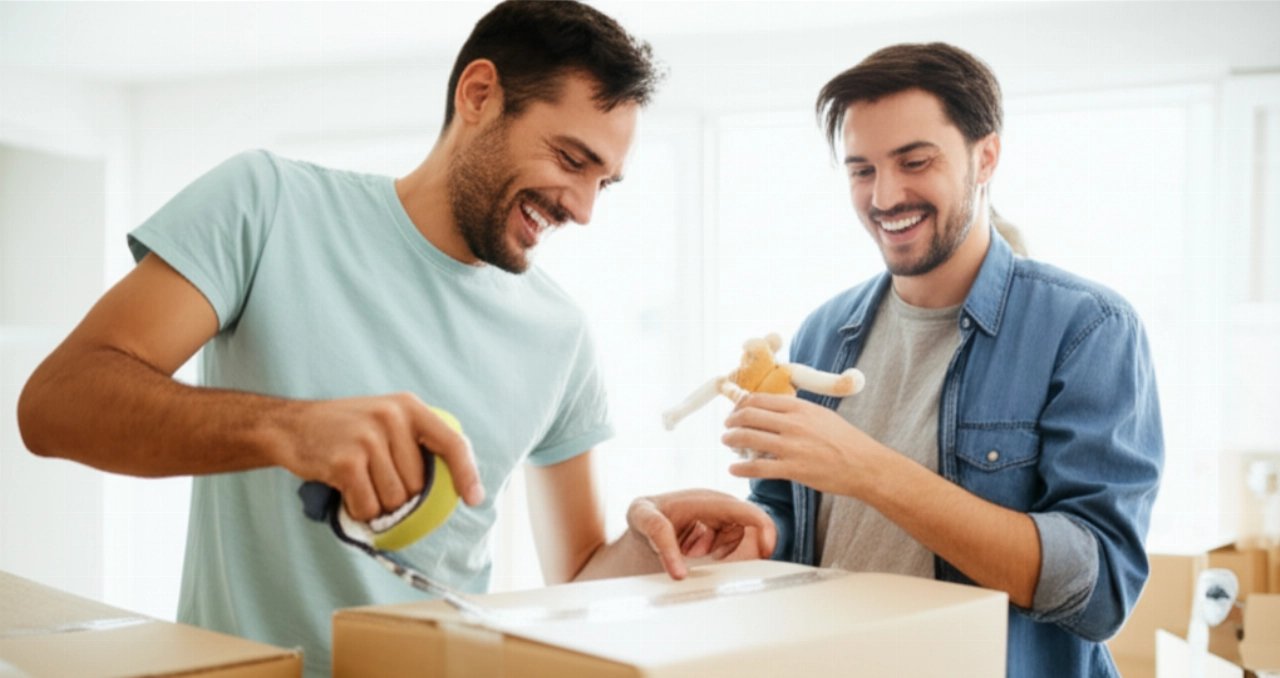 Pareja caucásica riendo y colaborando mientras empacan cajas, transformando el estrés de la mudanza en una actividad alegre.